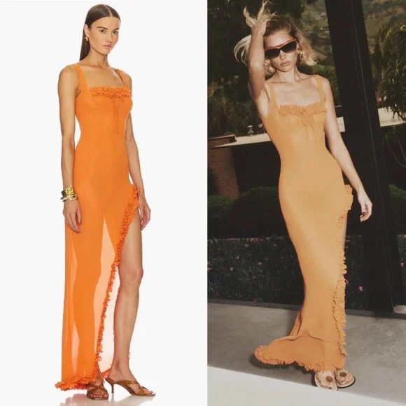HELSA Sheer Ruffled Long Orange Dress - Picture 1 of 12